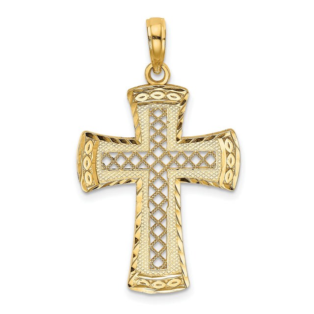 Satin Edge Lattice Cross Charm Pendant in Real 14k Yellow Gold