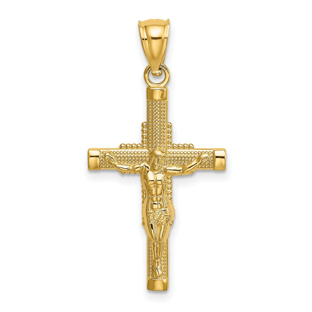 14k Yellow Gold Crucifix Pendant with Beaded Cross and Detailed Jesus Figure