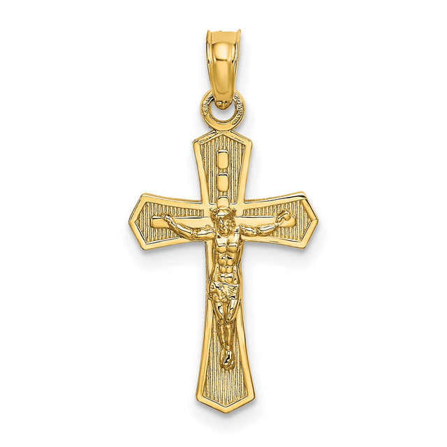 Crucifix Beveled Edges Charm Pendant in Real 14k Yellow Gold