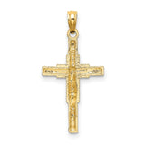 14k Yellow Gold Crucifix Pendant with Textured Cross and Beaded Accents for Men and Women
