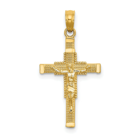 14k Yellow Gold Crucifix Pendant with Textured Cross and Beaded Accents for Men and Women