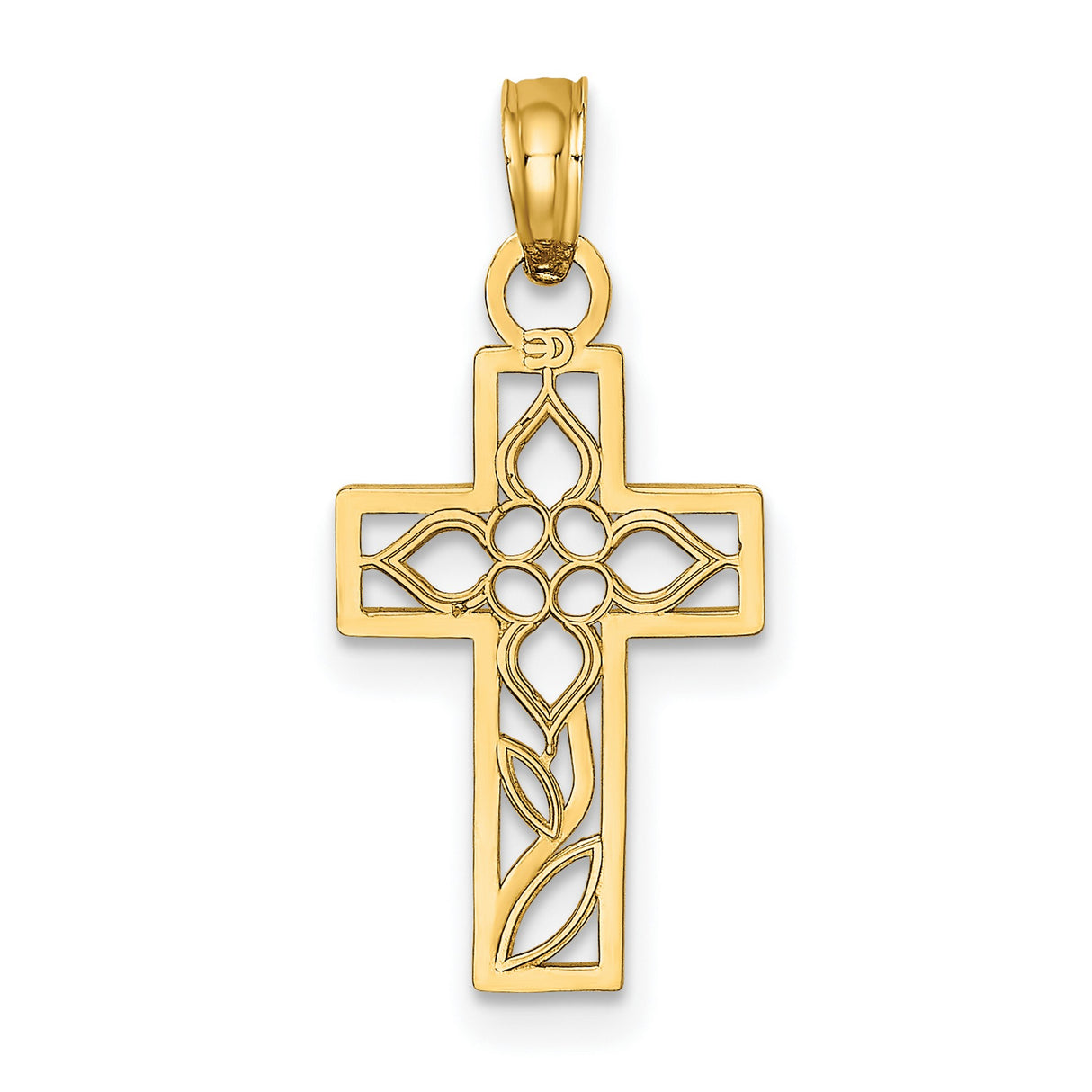 Flower In Cross Charm Pendant in Real 14k Yellow Gold