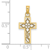 Flower In Cross Charm Pendant in Real 14k Yellow Gold