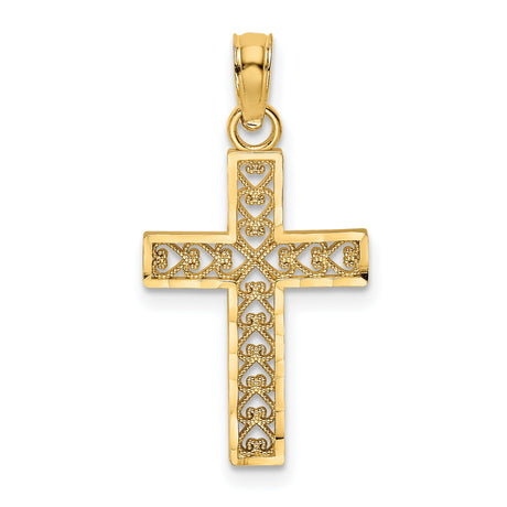 Edge and Filigree Center Cross Charm Pendant in Real 14k Yellow Gold