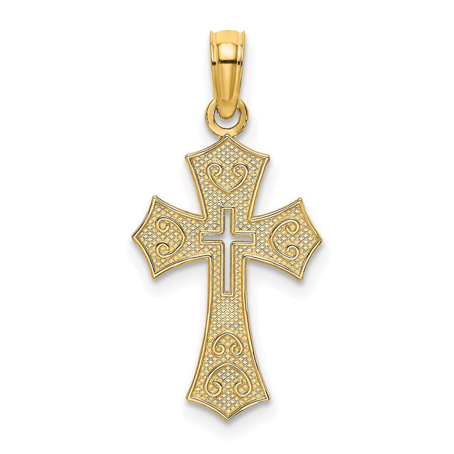 Textured Cut-Out Center Cross Charm Pendant in Real 14k Yellow Gold