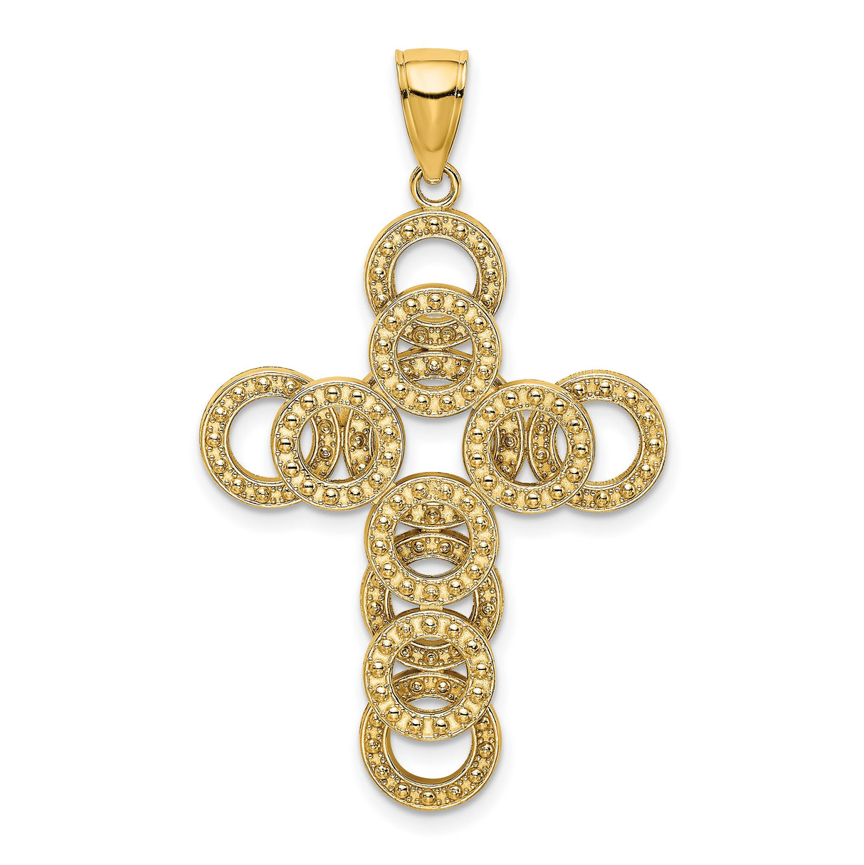 14k Yellow Gold Cross Pendant with Open Circle Infinity Design, Religious Symbol for Men and Women