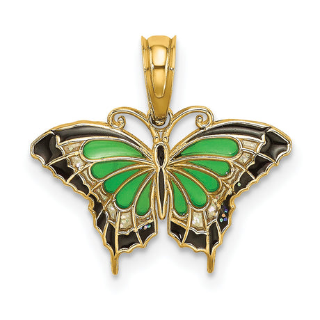 14k Yellow Gold Butterfly Pendant with Green and Black Enamel Wings, Nature-Inspired Design