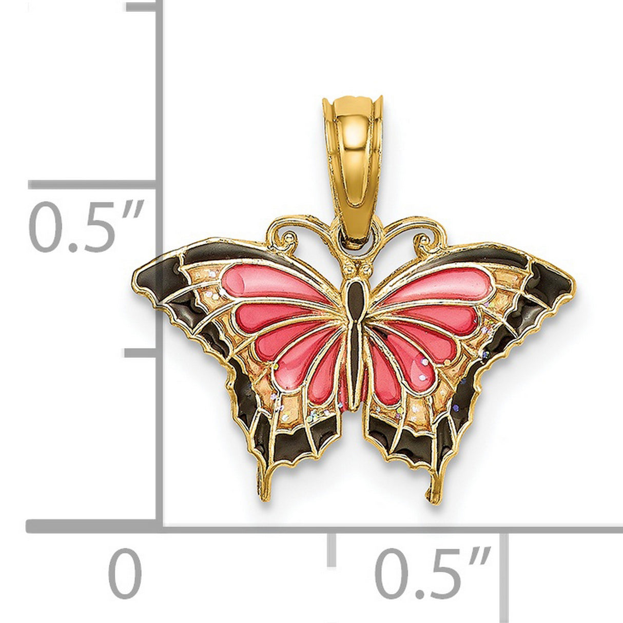 14k Yellow Gold Butterfly Pendant with Pink, Orange, and Black Enamel Wings, Nature Inspired Jewelry