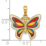 14k Yellow Gold Butterfly Pendant with Red, Blue, and Yellow Enamel Accents for Women
