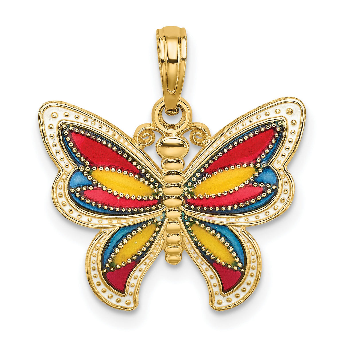 14k Yellow Gold Butterfly Pendant with Red, Blue, and Yellow Enamel Accents for Women