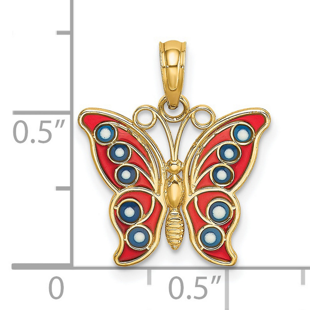 14k Yellow Gold Butterfly Pendant with Red and Blue Enamel Accents, Nature-Inspired Design for Women