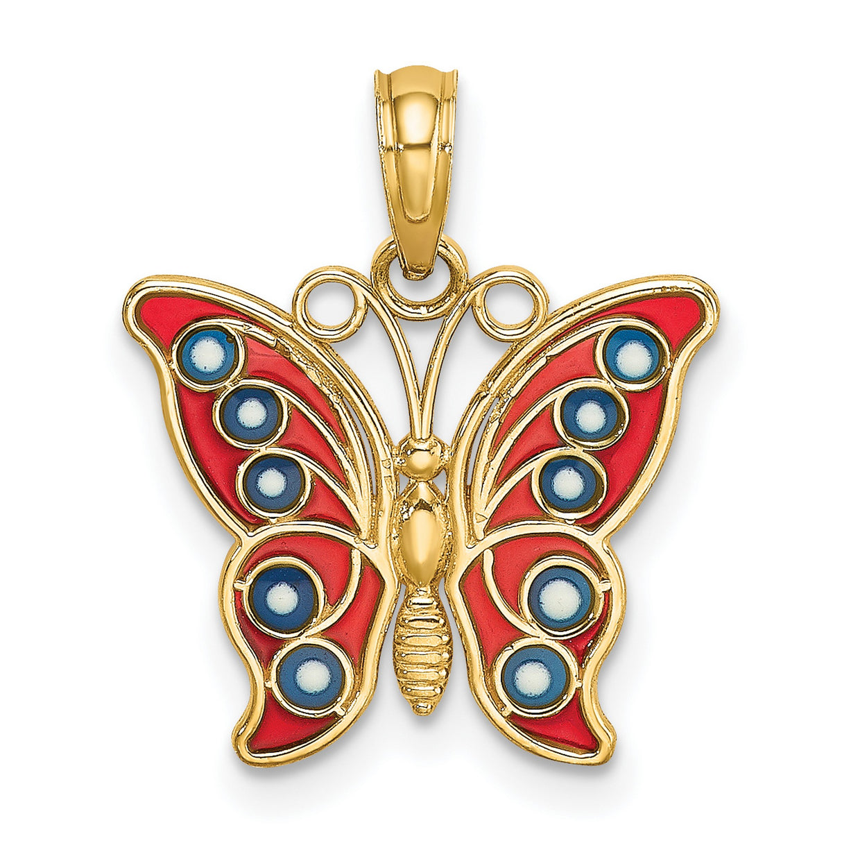 14k Yellow Gold Butterfly Pendant with Red and Blue Enamel Accents, Nature-Inspired Design for Women