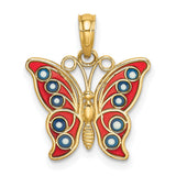 14k Yellow Gold Butterfly Pendant with Red and Blue Enamel Accents, Nature-Inspired Design for Women