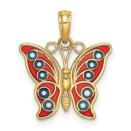 14k Yellow Gold Butterfly Pendant with Red and Blue Enamel Accents, Nature-Inspired Design for Women