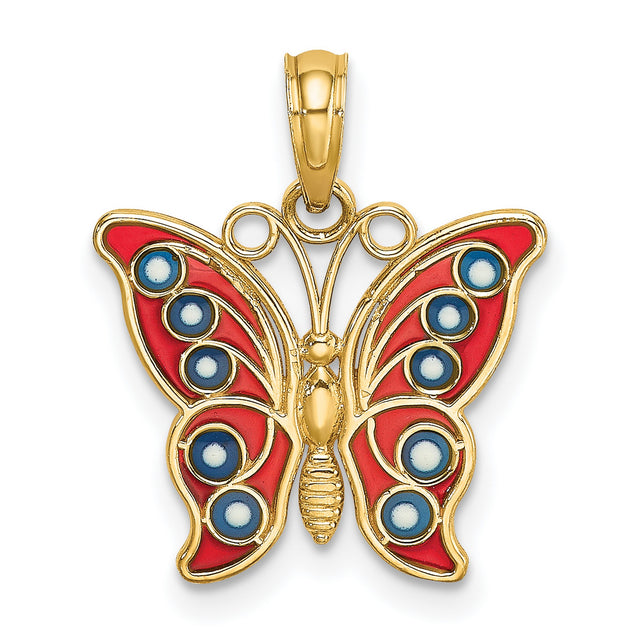14k Yellow Gold Butterfly Pendant with Red and Blue Enamel Accents, Nature-Inspired Design for Women