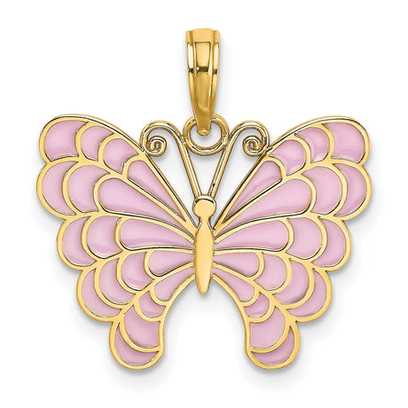 14k Yellow Gold Butterfly Pendant with Pink Enamel Wings, Whimsical Nature Jewelry