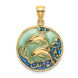 14k Yellow Gold Dolphin Pendant with Acrylic, Two Dolphins and Ocean Waves Theme