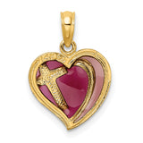 Purple Enamel Cross Heart Charm Pendant in Real 14k Yellow Gold