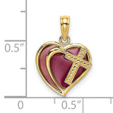 Purple Enamel Cross Heart Charm Pendant in Real 14k Yellow Gold