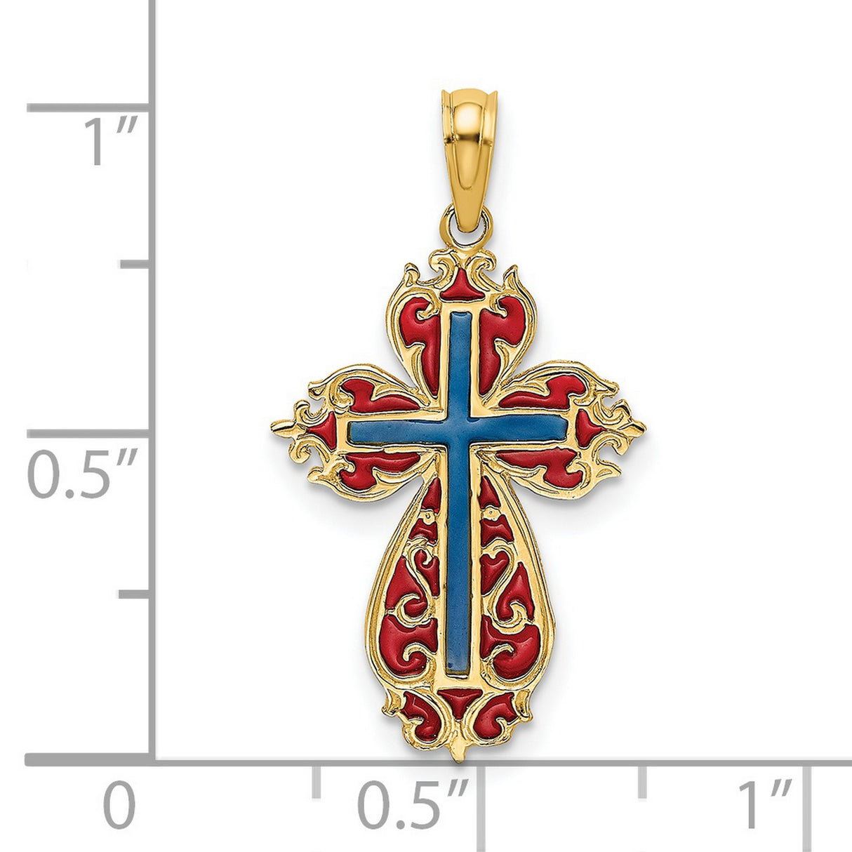 Blue and Red Enameled Cross Charm Pendant in Real 14k Yellow Gold