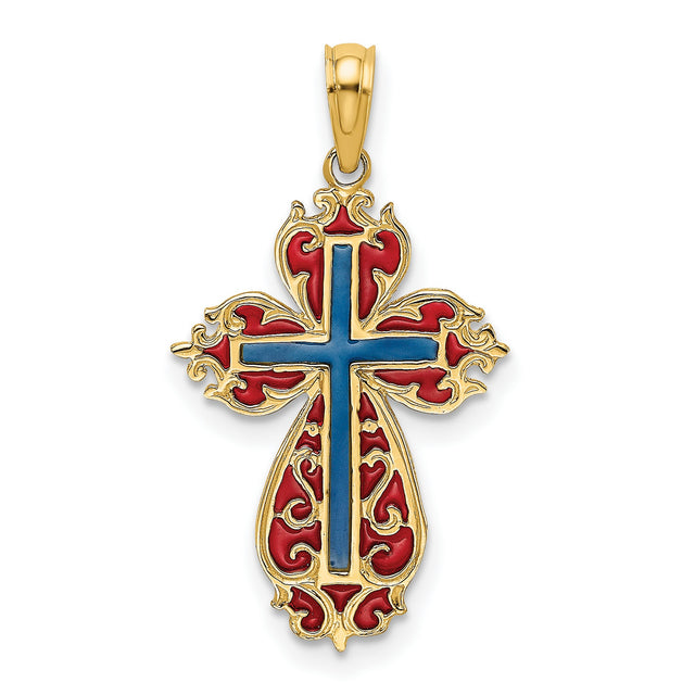 Blue and Red Enameled Cross Charm Pendant in Real 14k Yellow Gold