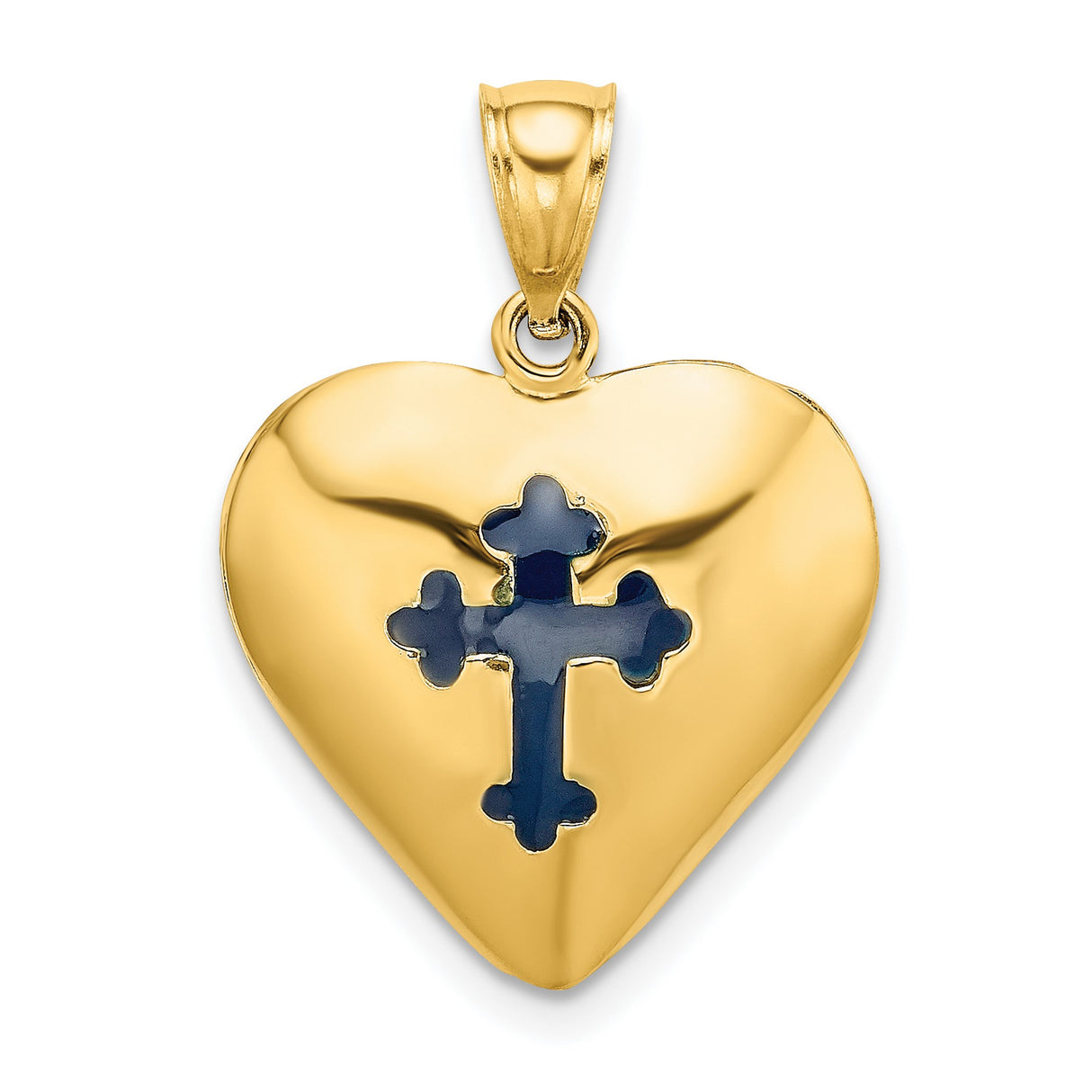 Reversible Red and Blue Enameled Cross In Heart Charm Pendant in Real 14k Yellow Gold