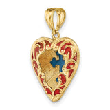 Reversible Red and Blue Enameled Cross In Heart Charm Pendant in Real 14k Yellow Gold