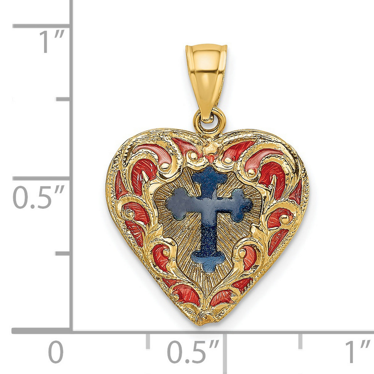 Reversible Red and Blue Enameled Cross In Heart Charm Pendant in Real 14k Yellow Gold