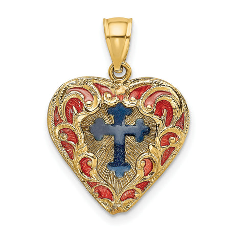 Reversible Red and Blue Enameled Cross In Heart Charm Pendant in Real 14k Yellow Gold