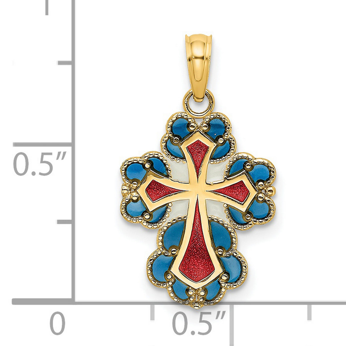 14k Yellow Gold Cross Pendant with Red and Blue Enamel, Byzantine Orthodox Style