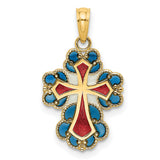14k Yellow Gold Cross Pendant with Red and Blue Enamel, Byzantine Orthodox Style
