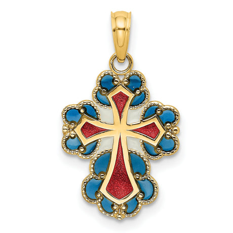 14k Yellow Gold Cross Pendant with Red and Blue Enamel, Byzantine Orthodox Style