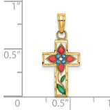 Enameled Flower Cross Charm Pendant in Real 14k Yellow Gold