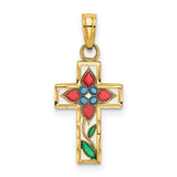 Enameled Flower Cross Charm Pendant in Real 14k Yellow Gold