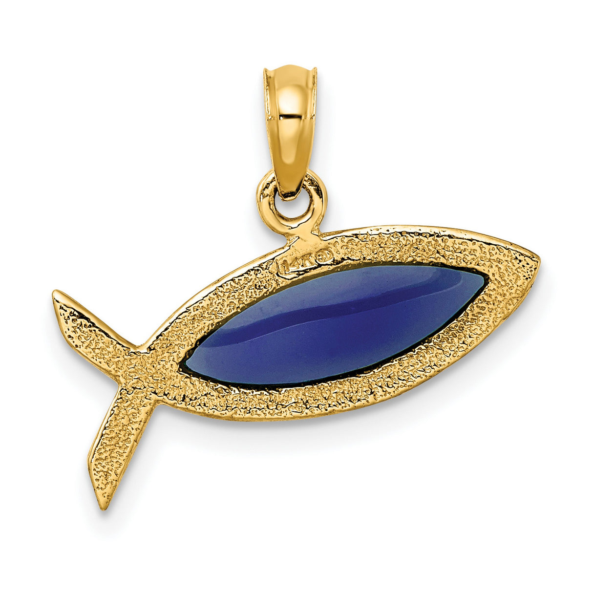 Horizontal Blue Enameled Ichthus Charm Pendant in Real 14k Yellow Gold