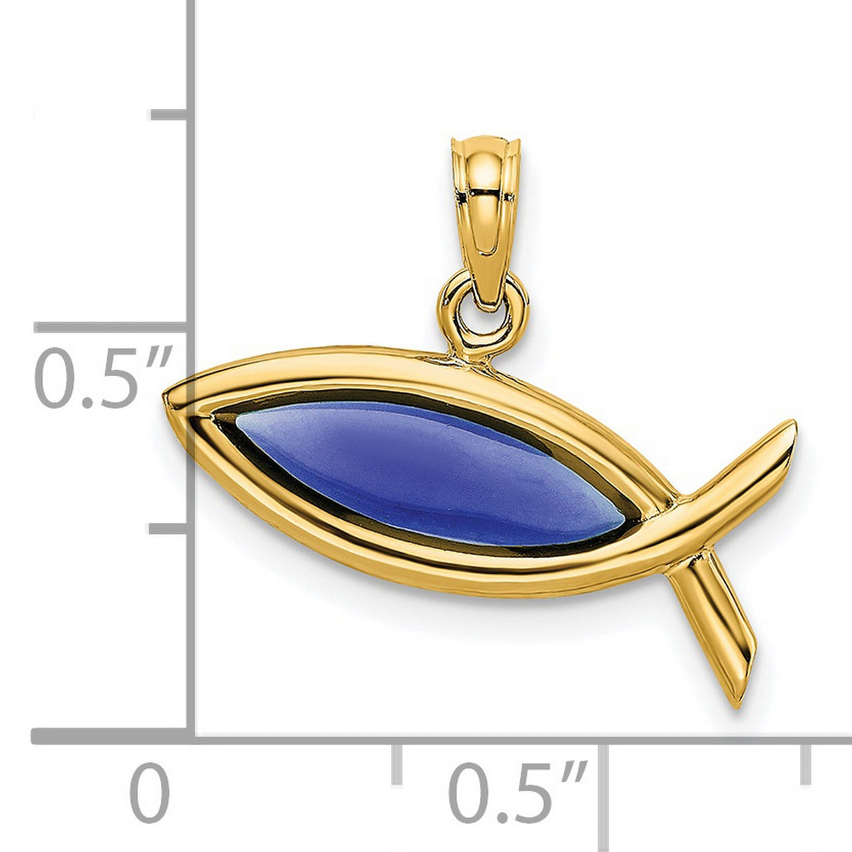 Horizontal Blue Enameled Ichthus Charm Pendant in Real 14k Yellow Gold