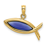 Horizontal Blue Enameled Ichthus Charm Pendant in Real 14k Yellow Gold