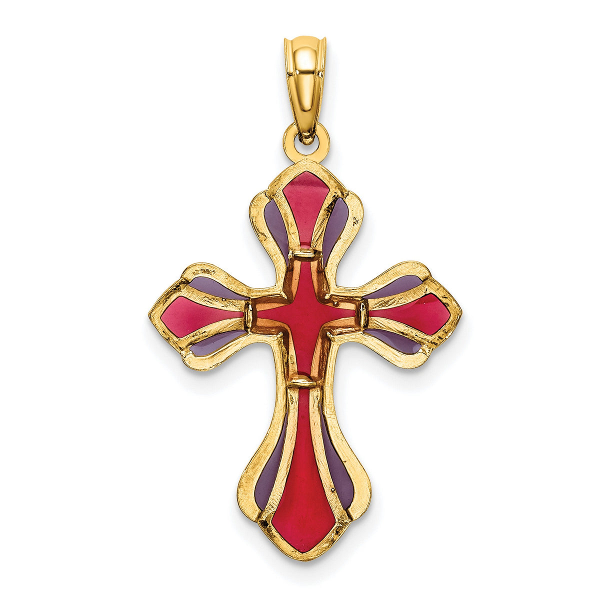 Pink and Purple Enameled Cross Charm Pendant in Real 14k Yellow Gold