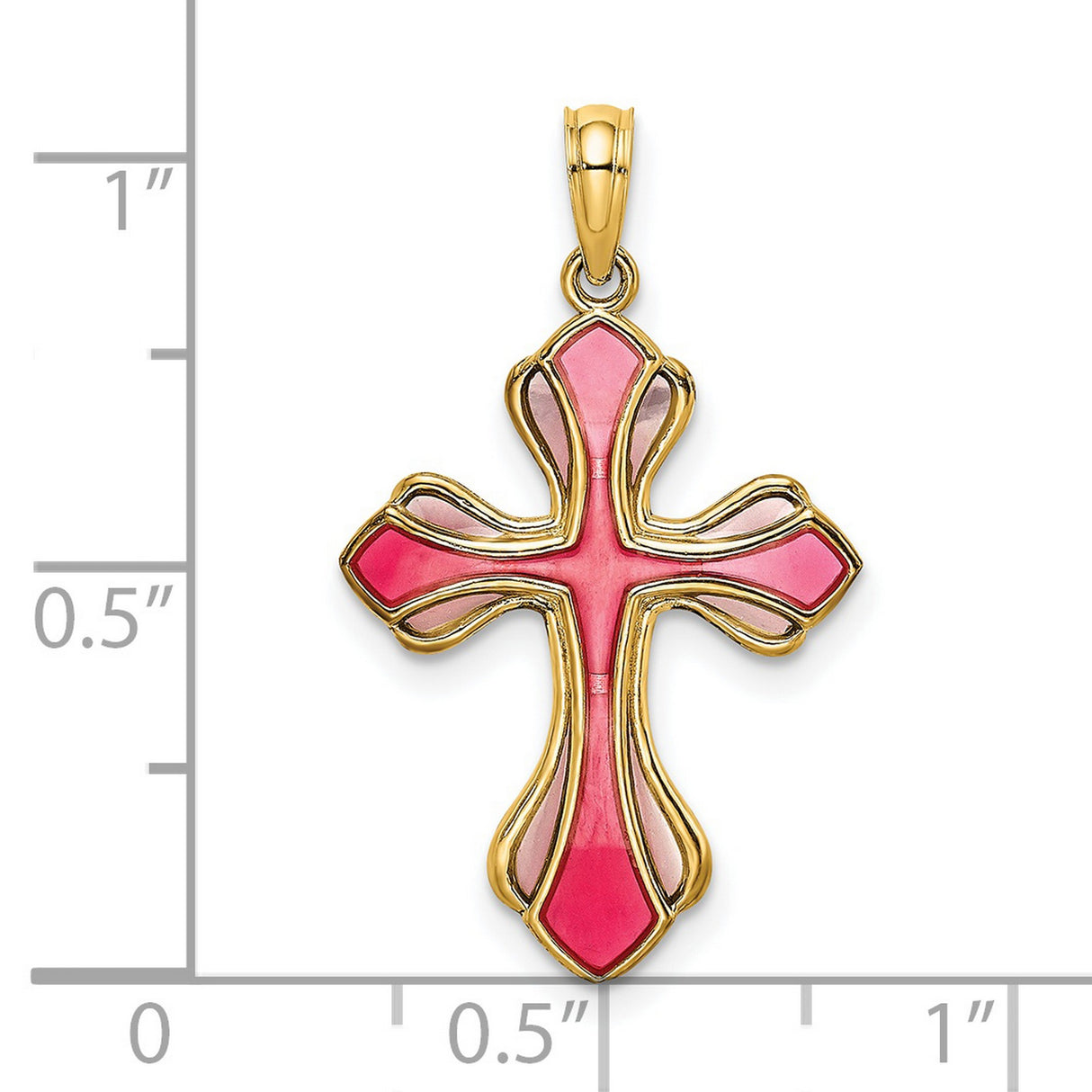 Pink and Purple Enameled Cross Charm Pendant in Real 14k Yellow Gold