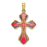 Pink and Purple Enameled Cross Charm Pendant in Real 14k Yellow Gold