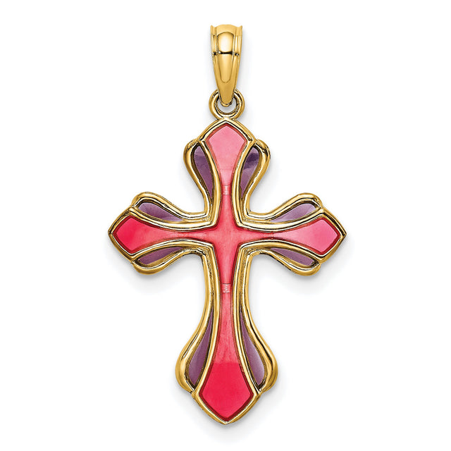 Pink and Purple Enameled Cross Charm Pendant in Real 14k Yellow Gold