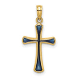 Blue Enameled Tapered Cross Charm Pendant in Real 14k Yellow Gold