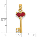 14k Yellow Gold Heart Key Pendant with Red Enamel Accent, Romantic Charm for Women
