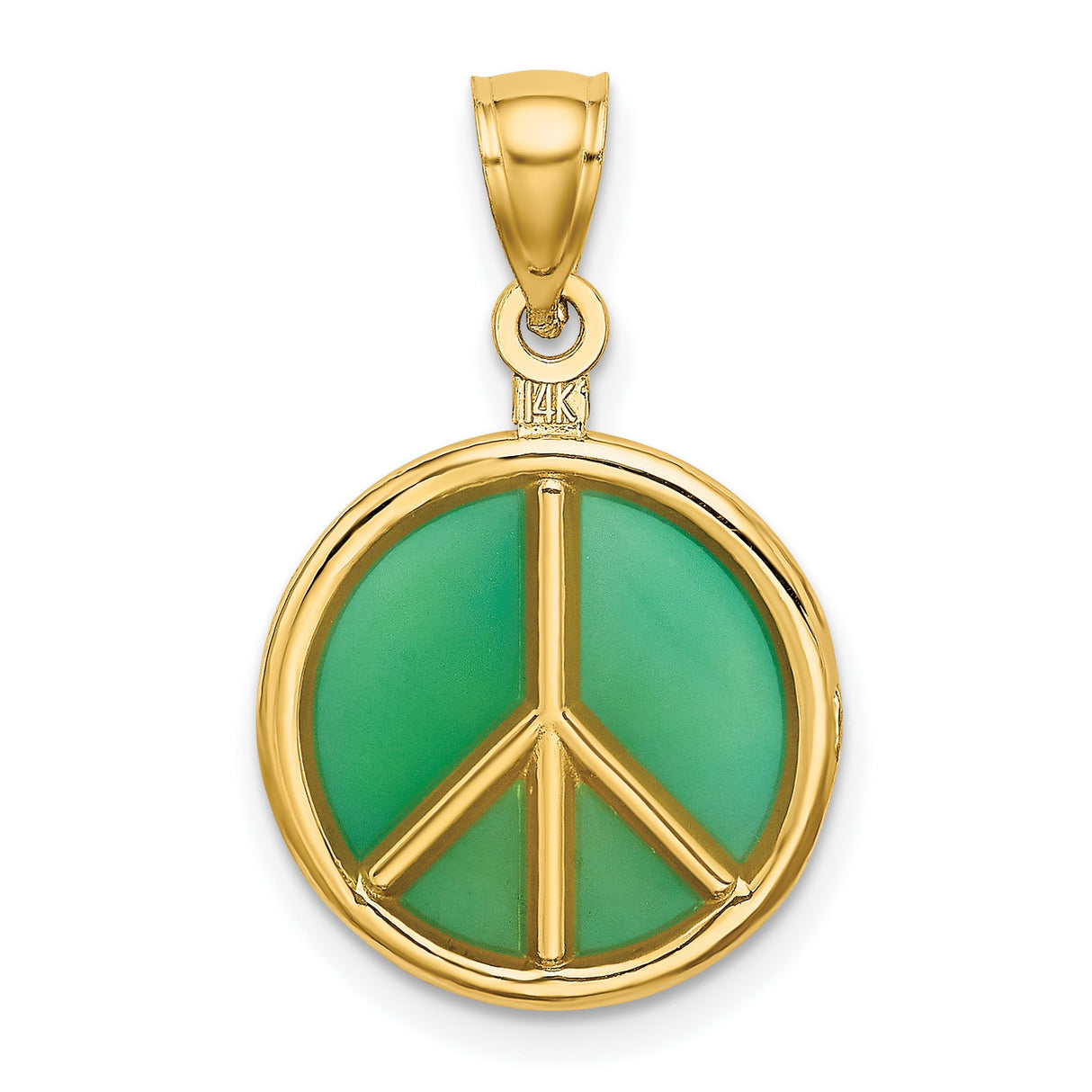 14k Yellow Gold Peace Sign Pendant with Green Enamel, Boho Spiritual Symbol for Men or Women