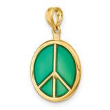14k Yellow Gold Peace Sign Pendant with Green Enamel, Boho Spiritual Symbol for Men or Women