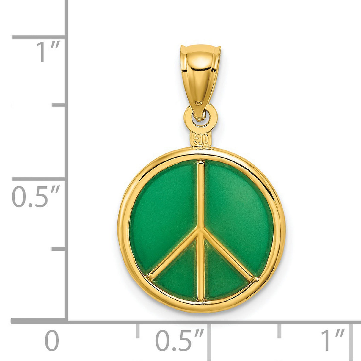 14k Yellow Gold Peace Sign Pendant with Green Enamel, Boho Spiritual Symbol for Men or Women