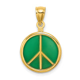 14k Yellow Gold Peace Sign Pendant with Green Enamel, Boho Spiritual Symbol for Men or Women