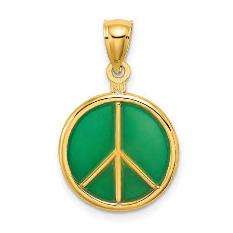 14k Yellow Gold Peace Sign Pendant with Green Enamel, Boho Spiritual Symbol for Men or Women