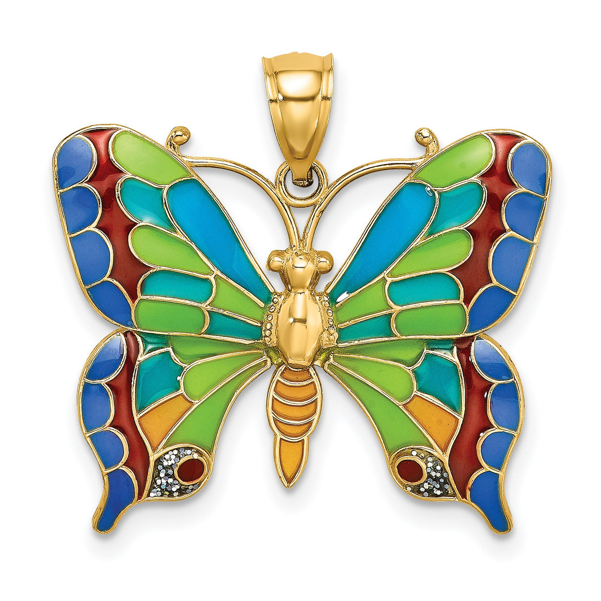 14k Yellow Gold Butterfly Pendant with Multicolor Enamel Wings, Nature Charm for Women