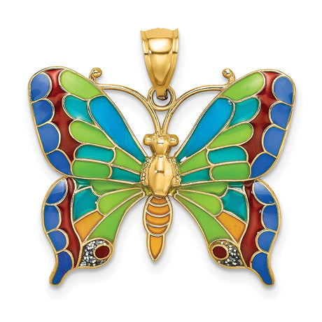 14k Yellow Gold Butterfly Pendant with Multicolor Enamel Wings, Nature Charm for Women